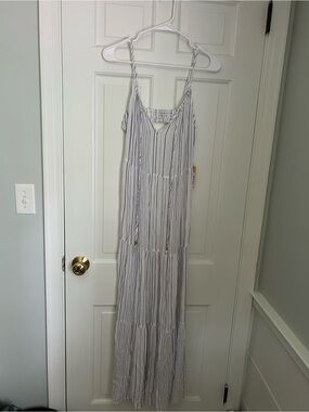 Kona Sol White Maxi Beach Cover Up Dress with Navy Stripes